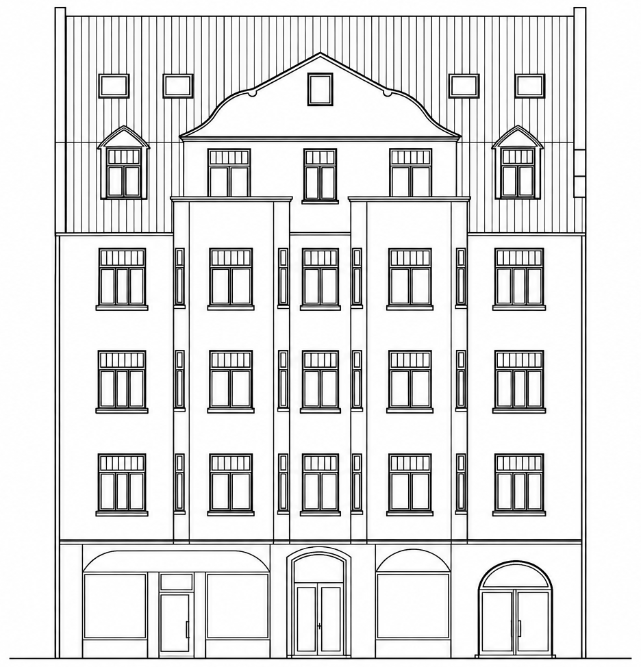 Straßenansicht eines Leipziger Gründerzeit-Mehrfamilienhauses als Linienzeichnung